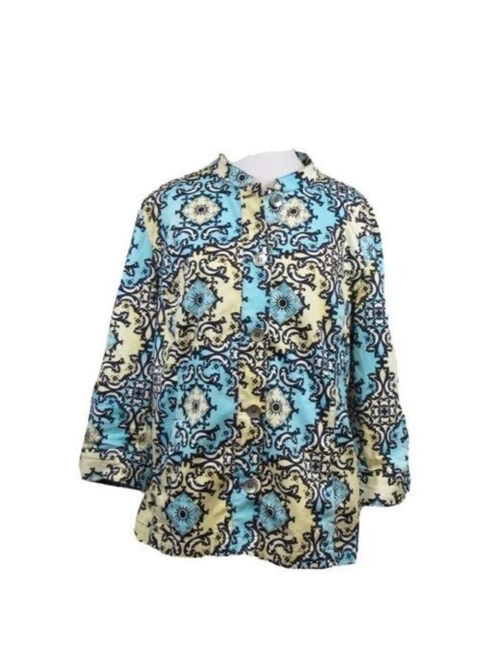 Chico's Blue Pale Yellow Cotton Blend Stretch Light 3/4 Sleeve Jacket Sz 2 large